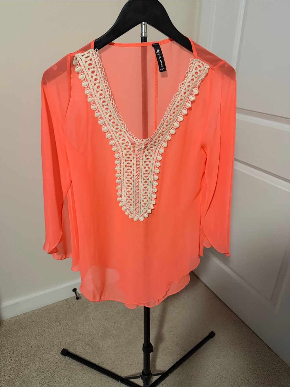 Crochet-Trim Coral Sheer V-Neck Tunic